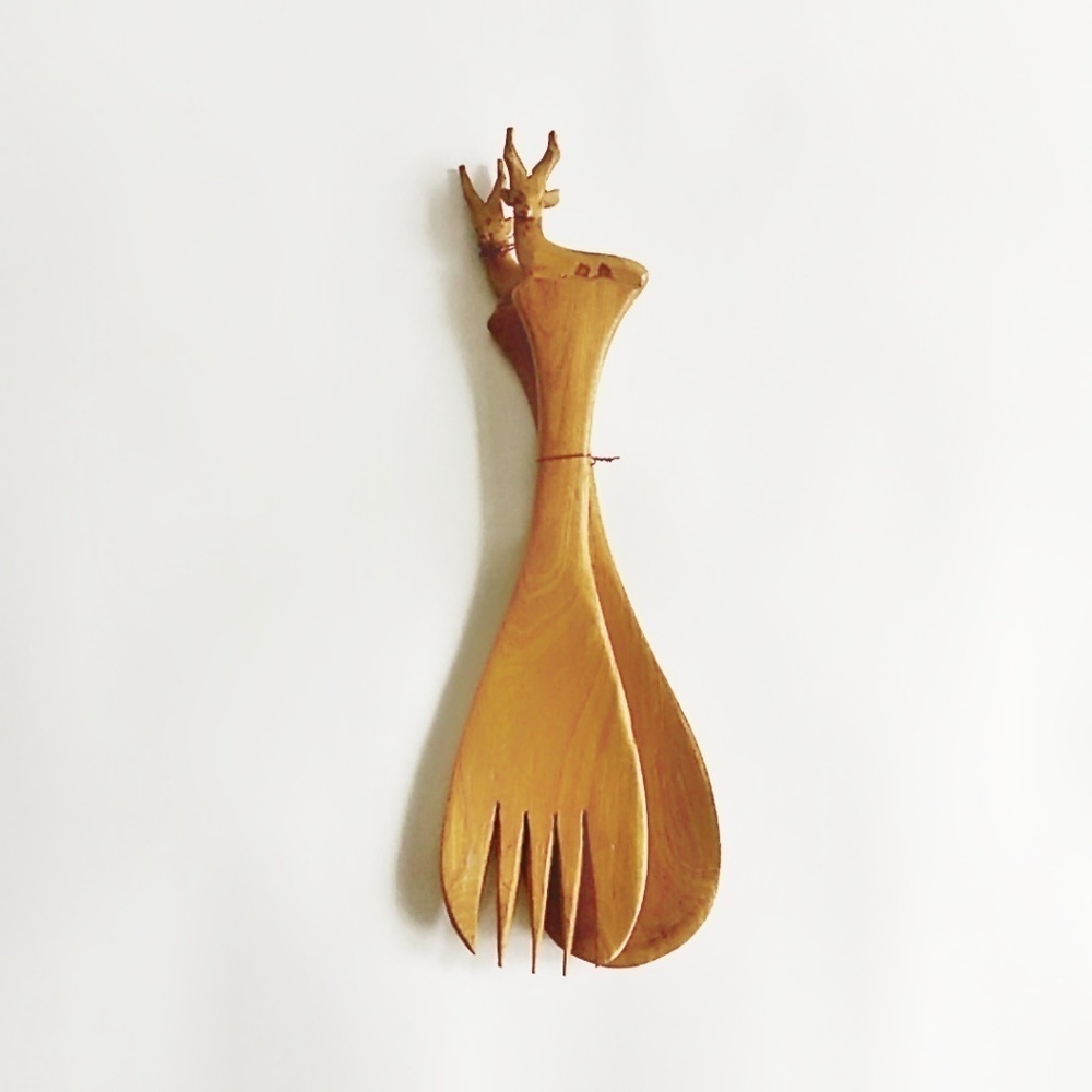 VINTAGE Wood Salad Serving Fork Spoon Carved Brown Elk Kenya